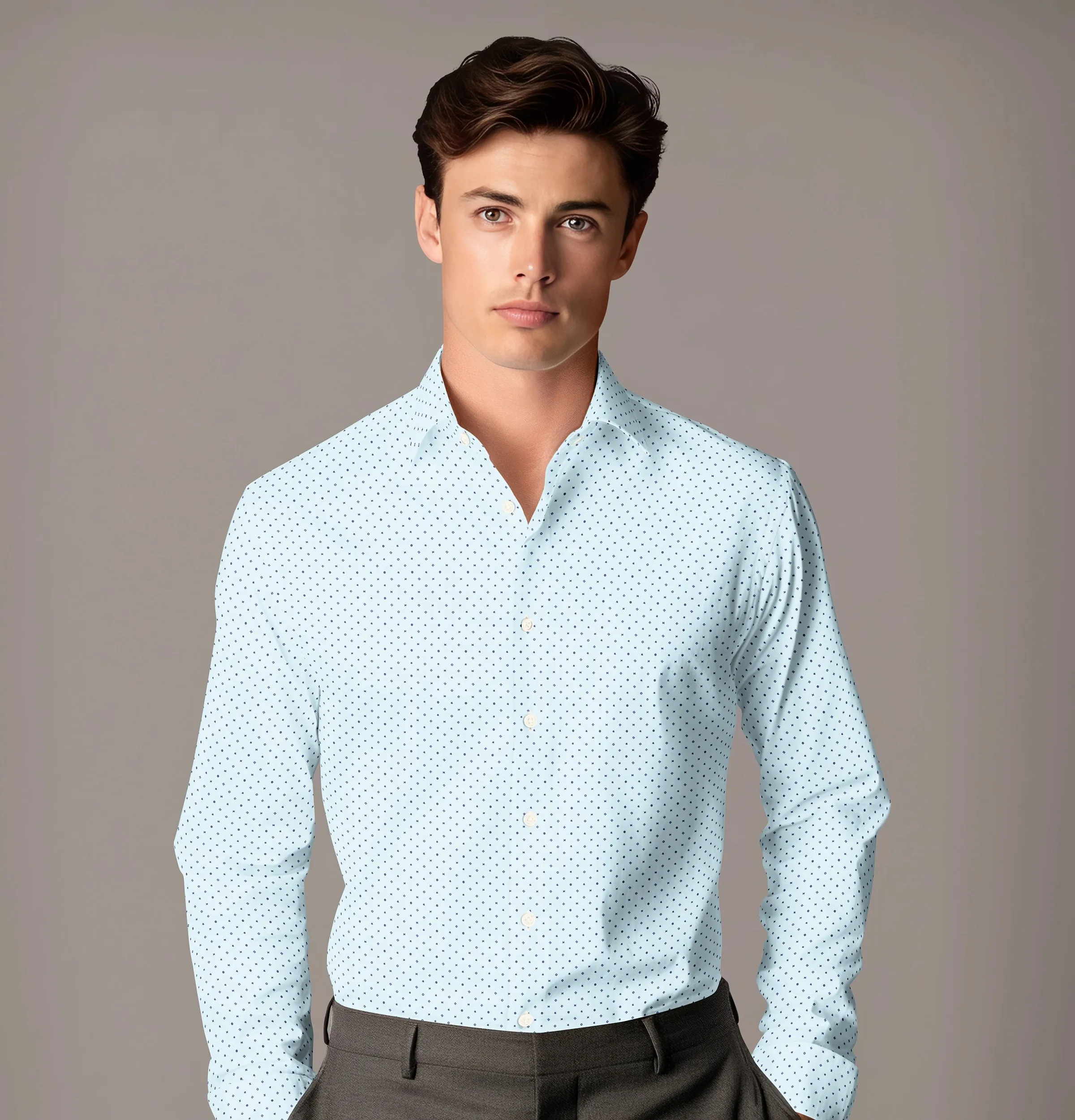 Wrinkle-free Sky Blue with Geometric Print - Long Sleeve